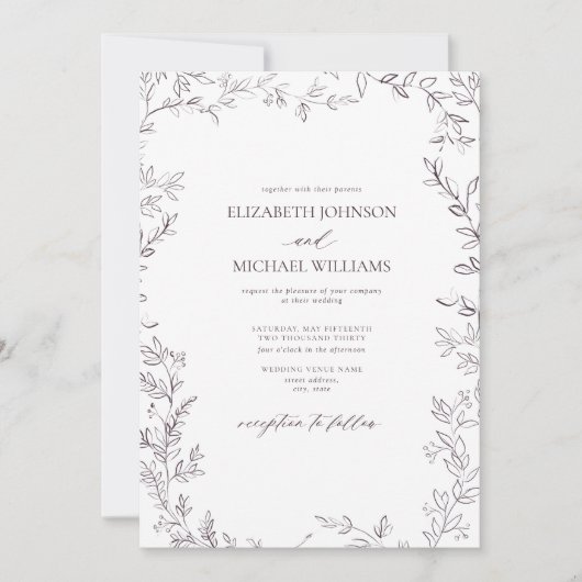 QR-Code Elegant Minimal Leaf Plum Lila Hochzeit Einladung (Vorderseite)