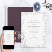 QR-Code Elegant Minimal Leaf Plum Lila Hochzeit Einladung