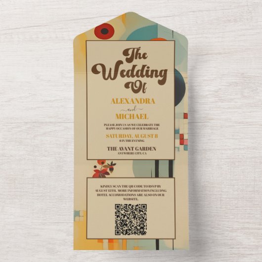 QR Code Elegant Mitte Jahrhunderts Blumenzehen All In One Einladung (Innen Boden)