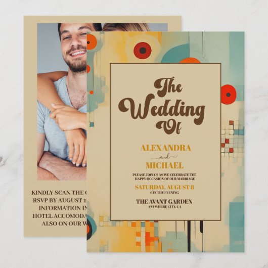 QR Code Elegant Mitte Jahrhunderts Blumenzehen Einladung (Vorne/Hinten)