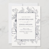 QR Code Elegant Navy Blue Floral Line Art Wedding Einladung (Vorderseite)