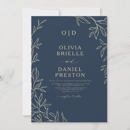 QR Code Elegant Navy Blue Gold Monogram Wedding Einladung (Vorderseite)