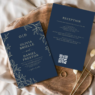 QR Code Elegant Navy Blue Gold Monogram Wedding Einladung