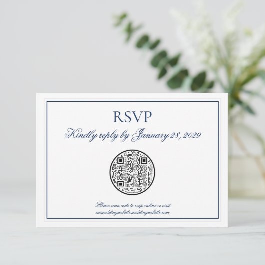 QR Code Elegant Navy Blue White Wedding RSVP (Stehend Vorderseite)