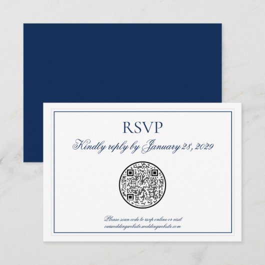 QR Code Elegant Navy Blue White Wedding RSVP Karte (Vorne/Hinten)