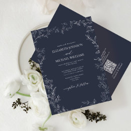 QR Code Elegant Navy Minimal Leaf Hochzeit Einladung