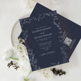 QR Code Elegant Navy Minimal Leaf Hochzeit Einladung