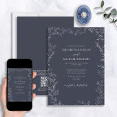 QR Code Elegant Navy Minimal Leaf Hochzeit Einladung
