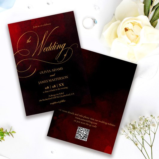QR Code Elegant Red Black Gold Calligraphy Wedding Einladung