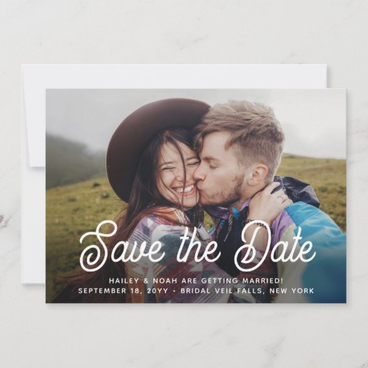 QR-Code Elegant Retro-Script Zwei-Foto Hochzeit Save The Date (Vorderseite)