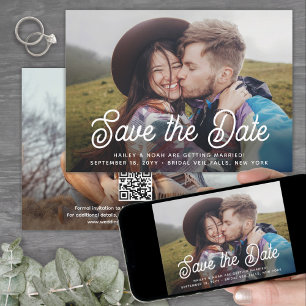QR-Code Elegant Retro-Script Zwei-Foto Hochzeit Save The Date