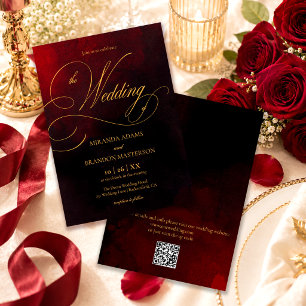 QR-Code Elegant Rot Schwarz Gold Kalligrafie Hochz Einladung