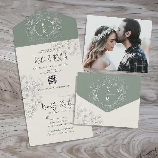 QR Code Elegant Sage Green Wedding All In One Einladung