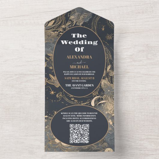 QR Code Elegant Silver Gold Celestial Wedding All In One Einladung (Innen Boden)