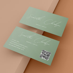 QR-Code Elegant Voll Salbeigrün Handschrift-Script Visitenkarte
