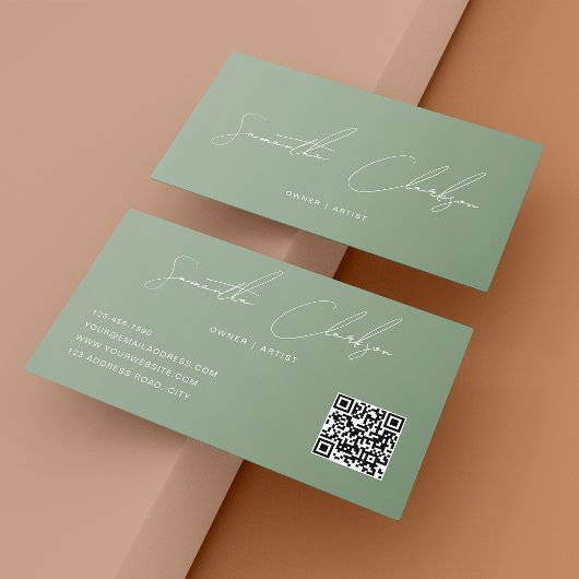 QR-Code Elegant Voll Salbeigrün Handschrift-Script Visitenkarte