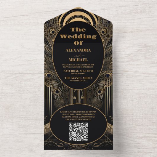 QR Code Elegante Art Deco All In One Einladung (Innen Boden)