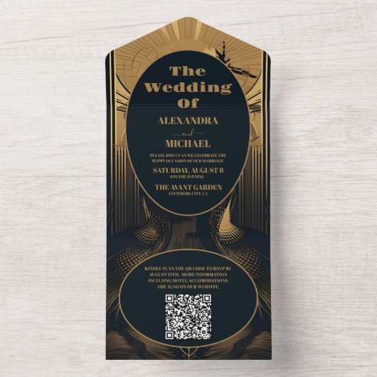 QR Code Elegante Art Deco All In One Einladung (Innen Boden)