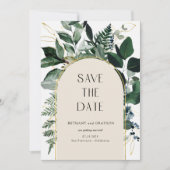 QR-Code, elegante beige botanische Foliage Wedding Save The Date (Vorderseite)