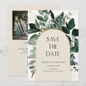 QR-Code, elegante beige botanische Foliage Wedding Save The Date (Vorne/Hinten)