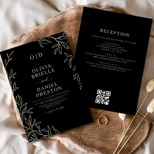 QR Code Elegante Black Gold Monogram Wedding Einladung