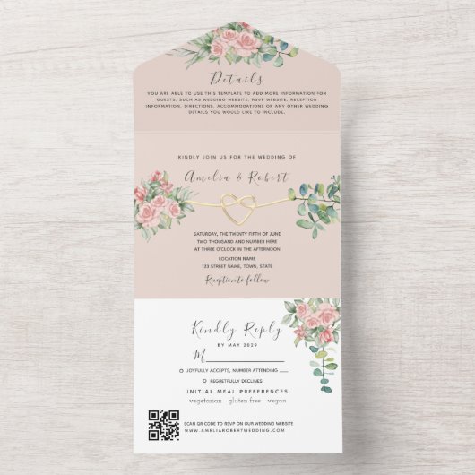 QR Code Elegante Blumenhochzeit All In One Einladung (Innen Boden)