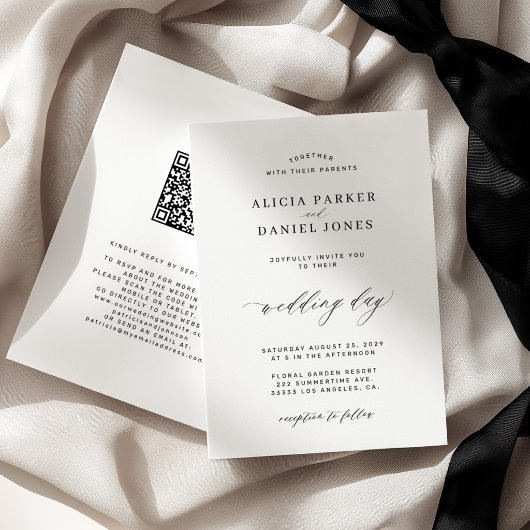 QR CODE elegante, einfache Schwarz-Weiß-Hochzeit Einladung