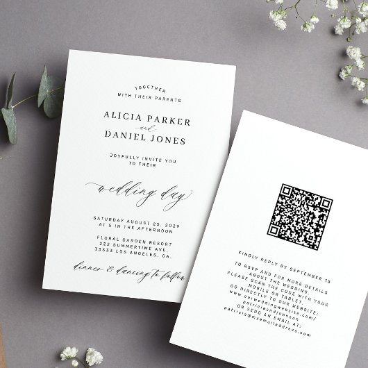 QR CODE elegante, einfache Schwarz-Weiß-Hochzeit Einladung