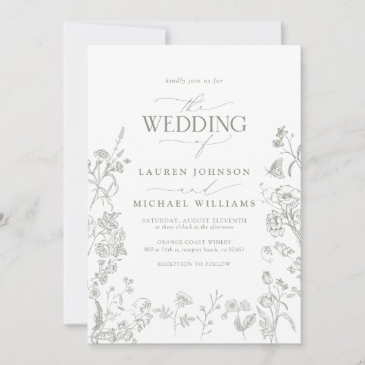 QR Code Elegante Green Chinoiserie Blumenzwiese Einladung (Vorderseite)