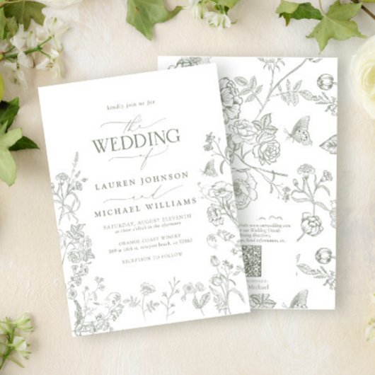 QR Code Elegante Green Chinoiserie Blumenzwiese Einladung