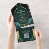QR Code Elegante Grün und Gold Art Deco Hochzeit All In One Einladung (Abreißen)