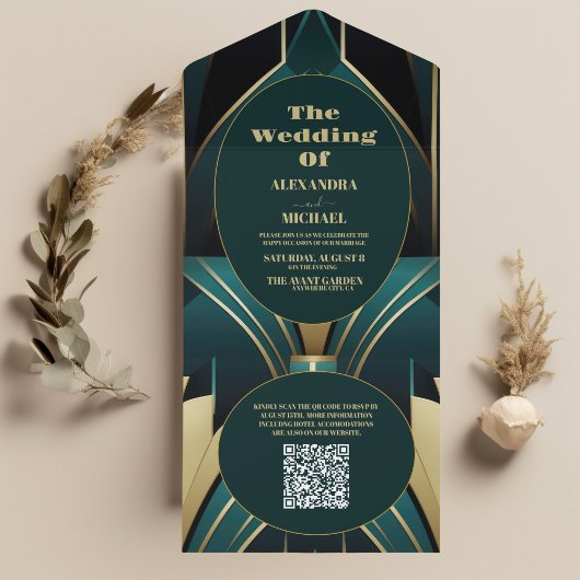 QR Code Elegante Grün und Gold Art Deco Hochzeit All In One Einladung