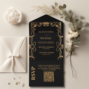 QR Code Elegante Jugendstil-Hochzeit All In One Einladung