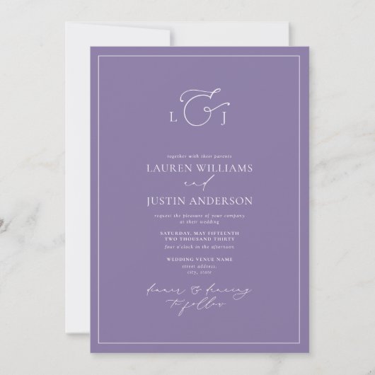 QR-Code Elegante Lavender Calligraphy Monogram Einladung (Vorderseite)