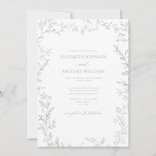 QR-Code Elegante Minimale Leaf-Seite Grüne Hochzei Einladung (Vorderseite)