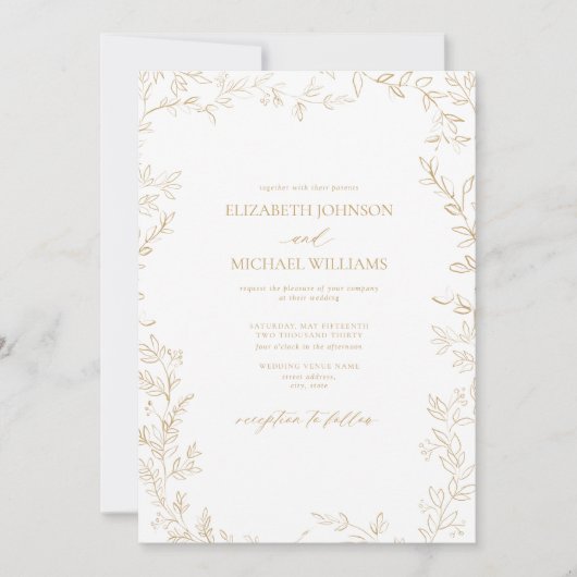 QR-Code Elegante Moderne Minimal Leaf Gold Hochzei Einladung (Vorderseite)