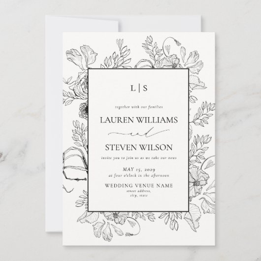 QR Code Elegante Monogram Black Floral Wedding Einladung (Vorderseite)
