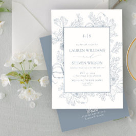 QR-Code Elegante Monogram Dusty Blue Floral Line Einladung