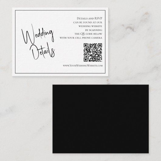 QR-Code Elegante Schwarz-Weiß-Hochzeiten Details Begleitkarte (Vorne/Hinten)