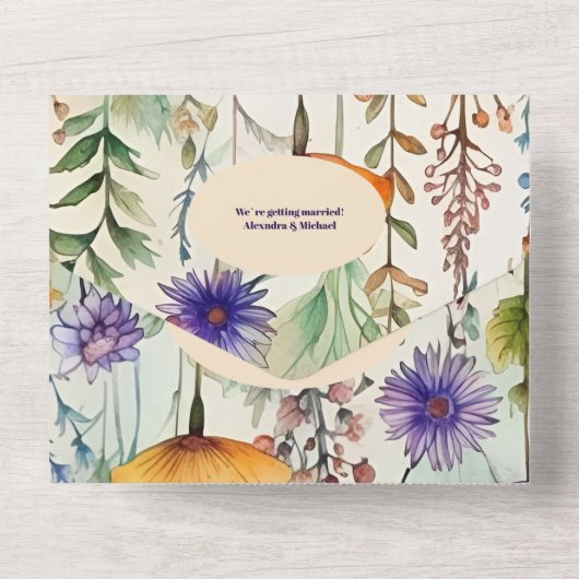 QR-Code Elegante Wasserfarben-Wildblumen Hochzeit All In One Einladung (Rückseite)