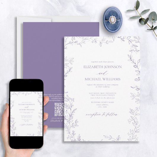 QR Code Eleganter Minimaler Leaf Lavender Wedding Einladung