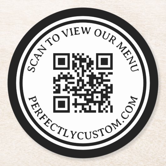 QR-Code Elegantes Textmenü Schwarz, doppelter Rand Runder Pappuntersetzer (Vorderseite)