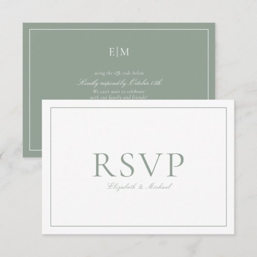 QR-Code Elegantsage Green Monogram Wedding RSVP Karte (Vorne/Hinten)