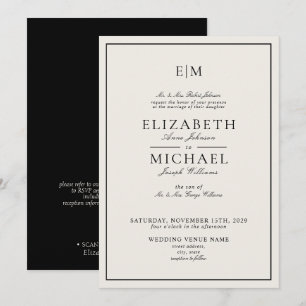 QR-Code Elfenbein-Schwarz Klassisches Monogramm Ho Einladung