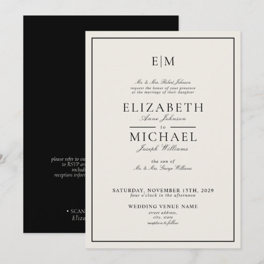 QR-Code Elfenbein-Schwarz Klassisches Monogramm Ho Einladung (Vorne/Hinten)
