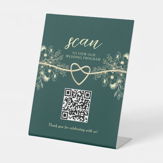 QR-Code Emerald Gold Hochzeitsprogramm Sockelschild (Vorderseite)