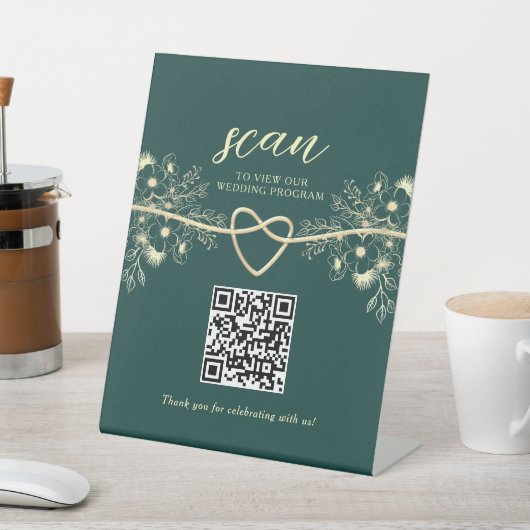 QR-Code Emerald Gold Hochzeitsprogramm Sockelschild (In SItu)