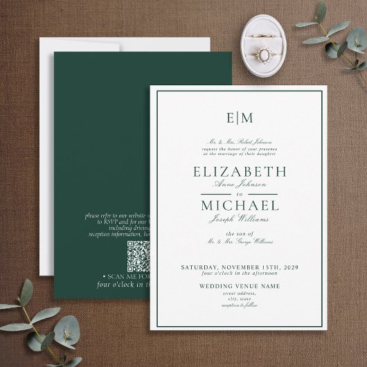 QR Code Emerald Green Classic Monogram Wedding Einladung