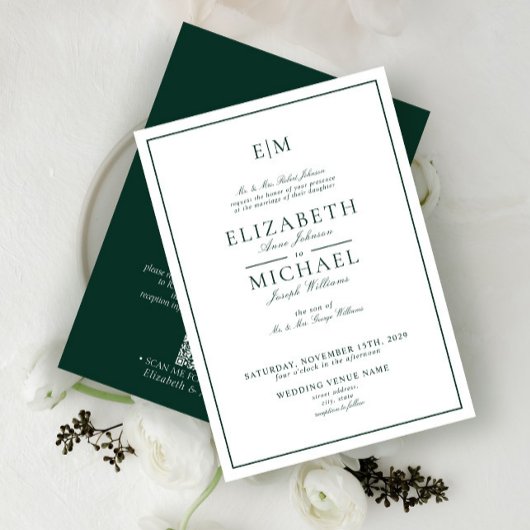 QR Code Emerald Green Classic Monogram Wedding Einladung