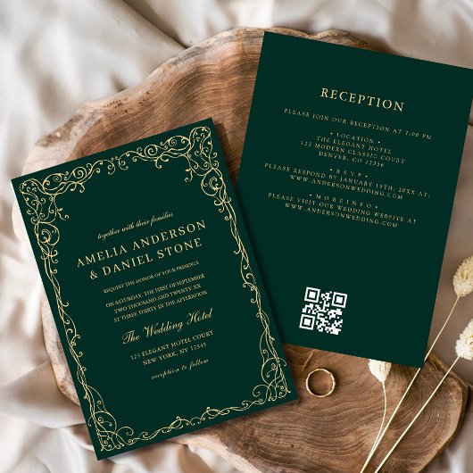 QR Code Emerald Green Gold Minimal Wedding Einladung